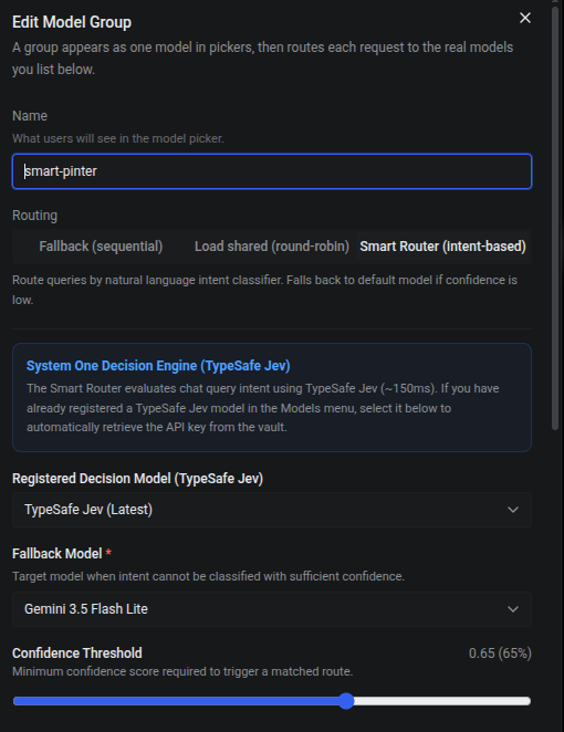 Model group settings for smart-pinter with Smart Router selected, TypeSafe Jev as the decision model, Gemini 3.5 Flash Lite as fallback, and the confidence threshold slider at 0.65.